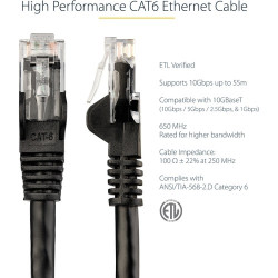 StarTech 2m CAT6 Ethernet Cable - Black Snagless Gigabit - 100W PoE UTP 250Mhz Category 6 Patch Cord UL Certified Wiring/TIA - 2
