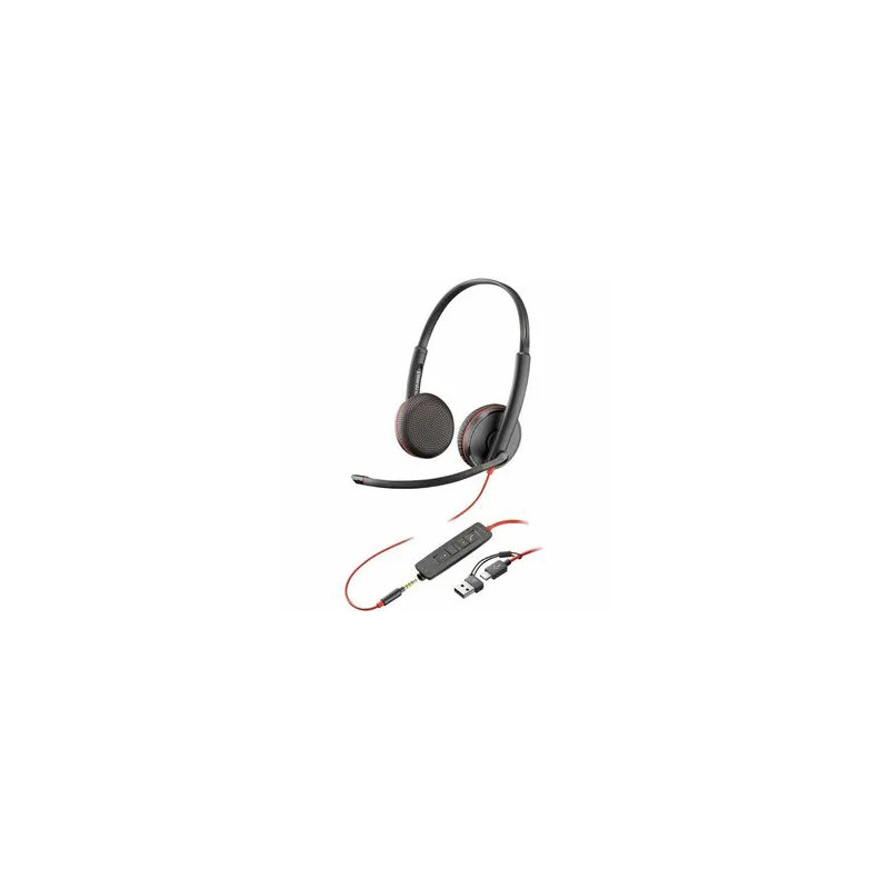 HP POLY BLACKWIRE C3225 UC STEREO USB-C CORDED HEADSET, 3.5MM & USB-C/A ADAPTOR
